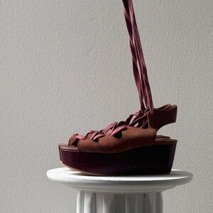See by Chloe Brown Suede Platform Sandals with Pink Laces